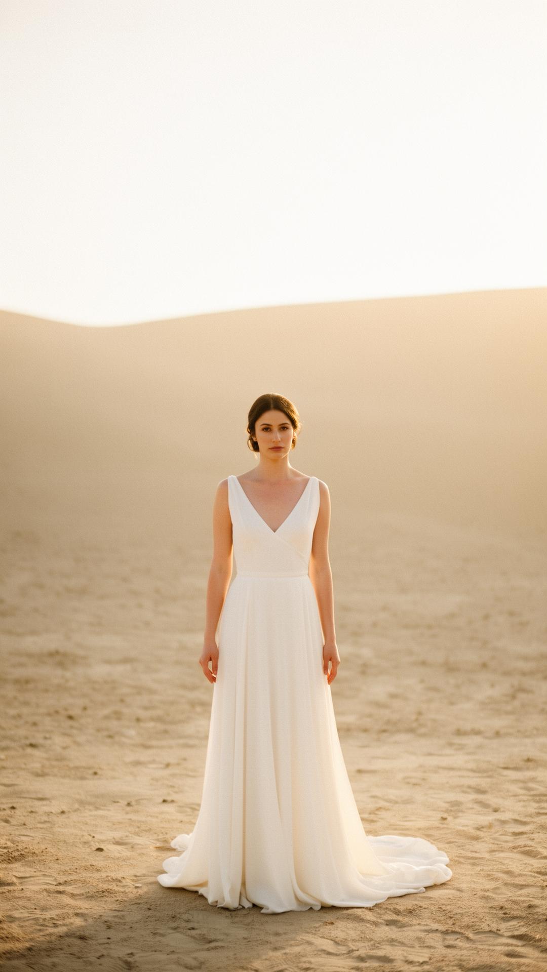 Novia al atardecer en paisaje desértico
